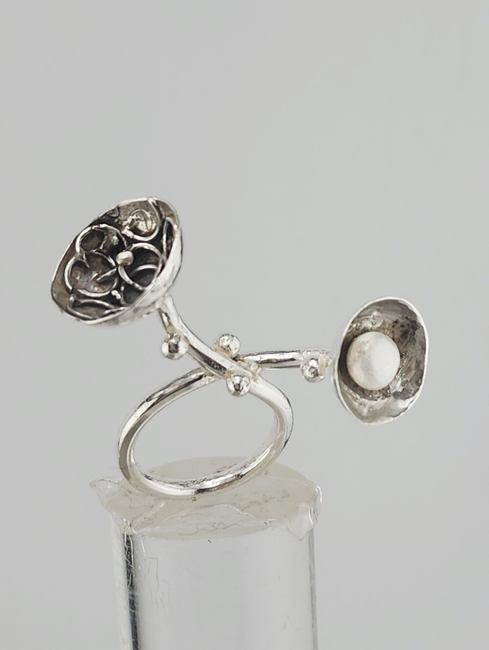 UNIQUE 2 FLOWER POT RING HANDMADE WITH STERLING SILVER AN A PEARL SIZE 8 - Picture 14 of 16
